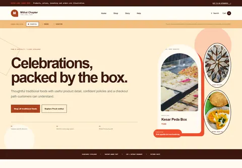 Essential coded sweets and traditional foods storefront home preview for Mithai Chapter