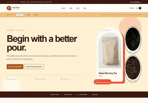 Essential coded tea and coffee brand storefront home preview for First Pour