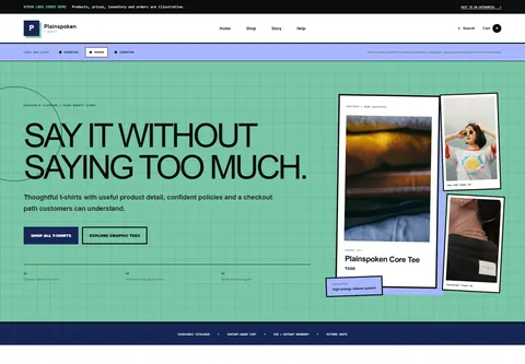 Modern coded t-shirt store storefront home preview for Plainspoken