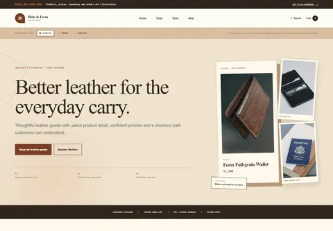 Essential coded wallets and leather goods storefront home preview for Hide & Form