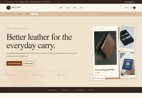 Signature coded wallets and leather goods storefront home preview for Hide & Form