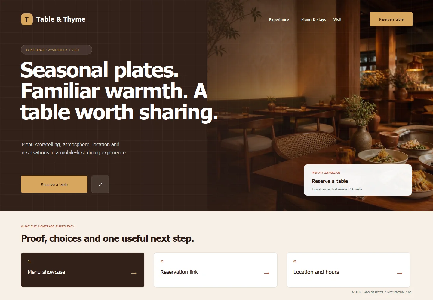 Reservation-led restaurant homepage concept